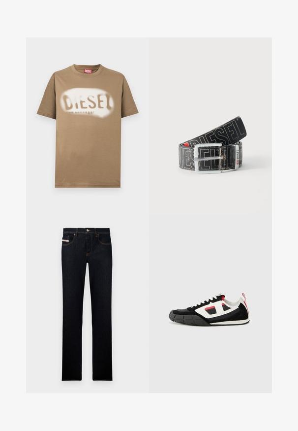 T-shirt en coton marron avec un logo "DIESEL" peint en blanc au pochoir. Col rond classique et manches courtes avec une texture lisse.; Jeans en denim bleu foncé avec une coupe droite, ornés de surpiqûres orange et d'une étiquette sur la poche avant. Fermeture à bouton en métal.; Diesel S PAGODHA LOW - Baskets basses - black; Ceinture noire Diesel avec grand texte logo blanc, boucle rectangulaire en argent, et détail de boucle métallique brandée, enroulée sur un fond clair.