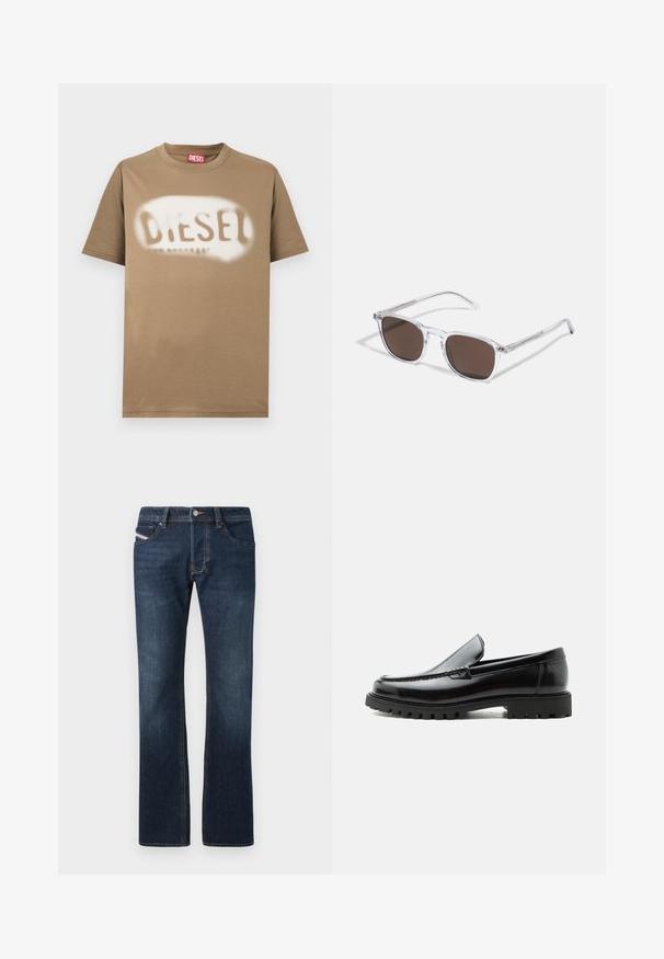 Camiseta de algodón marrón con el logo "DIESEL" en blanco, pintado con spray. Cuello redondo clásico y mangas cortas con una textura suave.; Jeans de mezclilla azul oscuro con corte recto, cinco bolsillos y detalles de costura sutiles. Cuenta con cierre de botón metálico y cremallera.; Mocasín de cuero negro con suela de goma gruesa, empeine cosido y nombre de la marca en relieve en el talón, mostrado en perfil lateral sobre fondo blanco.; Gafas de sol de plástico transparente con lentes marrones rectangulares, que cuentan con finas varillas transparentes y acentos metálicos en las patillas.