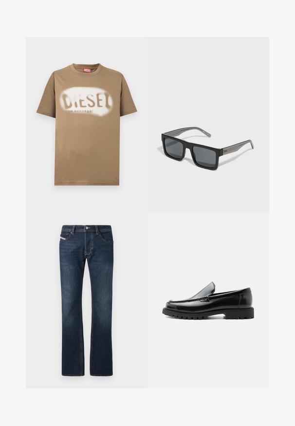 Camiseta de algodón marrón con el logo "DIESEL" en blanco, pintado con spray. Cuello redondo clásico y mangas cortas con una textura suave.; Jeans de mezclilla azul oscuro con corte recto, cinco bolsillos y detalles de costura sutiles. Cuenta con cierre de botón metálico y cremallera.; Mocasín de cuero negro con suela de goma gruesa, empeine cosido y nombre de la marca en relieve en el talón, mostrado en perfil lateral sobre fondo blanco.; HUGO Gafas de sol - black