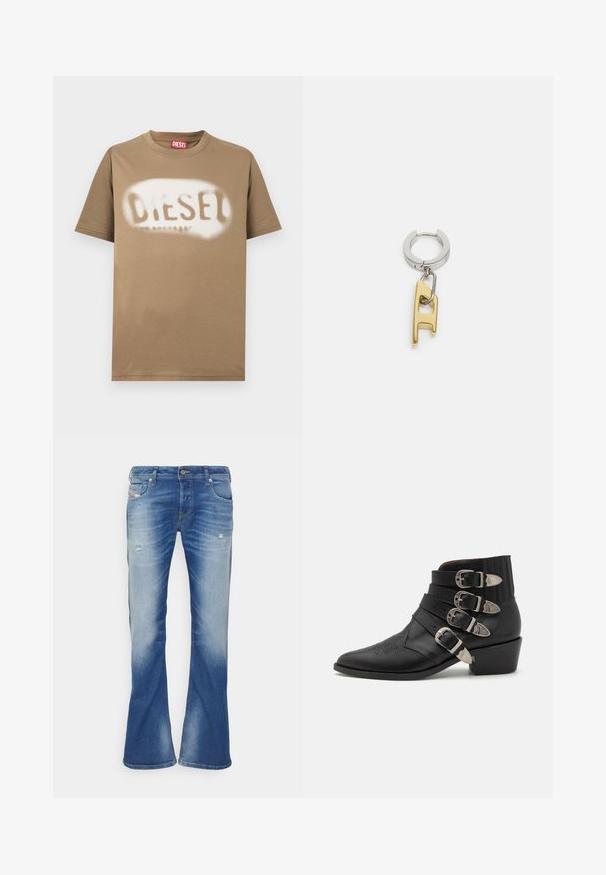 Bruin katoenen t-shirt met een gesprayd "DIESEL" logo in wit. Klassieke ronde hals en korte mouwen met een gladde textuur.; Blauwe vervaagde bootcut jeans met lichte slijtage op de voorkant van de bovenbenen en een klassieke vijfzakkenontwerp op een witte achtergrond.; Zwarte leren enkellaars met vier decoratieve zilveren gespen, puntige neus en een gestapeld hak met ribbels aan de bovenrand.; Diesel Oorbellen - gold-coloured