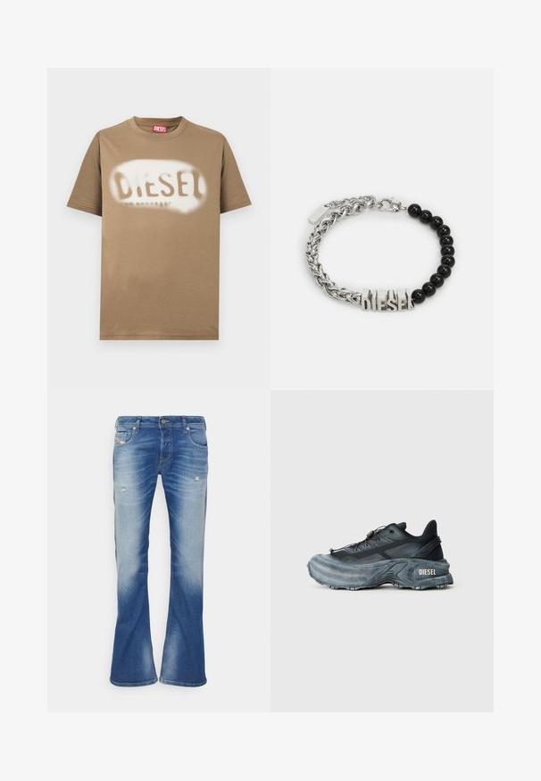 Brun bomulds-T-shirt med et spraymalet "DIESEL"-logo i hvid. Klassisk rund hals og korte ærmer med en glat tekstur.; Blå, falmede bootcut jeans med let slid på forsiden af lårene og klassisk fem-lomme design på hvid baggrund.; Sort og grå Diesel sneakers med tyk sål, snørrebåndslukning og tekstureret design på en ensfarvet lysegrå baggrund.; Diesel FONT - Armbånd - silver-coloured