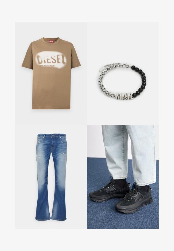 Camiseta de algodón marrón con el logo "DIESEL" en blanco, pintado con spray. Cuello redondo clásico y mangas cortas con una textura suave.; Vaqueros bootcut desgastados en azul con ligero desgarro en los muslos delanteros y diseño clásico de cinco bolsillos sobre fondo blanco.; Zapatillas deportivas negras con tejido texturizado y suelas de goma, con cordones elásticos y un acento azul en el talón. Combinadas con pantalones de mezclilla claros.; Diesel FONT - Pulsera - silver-coloured