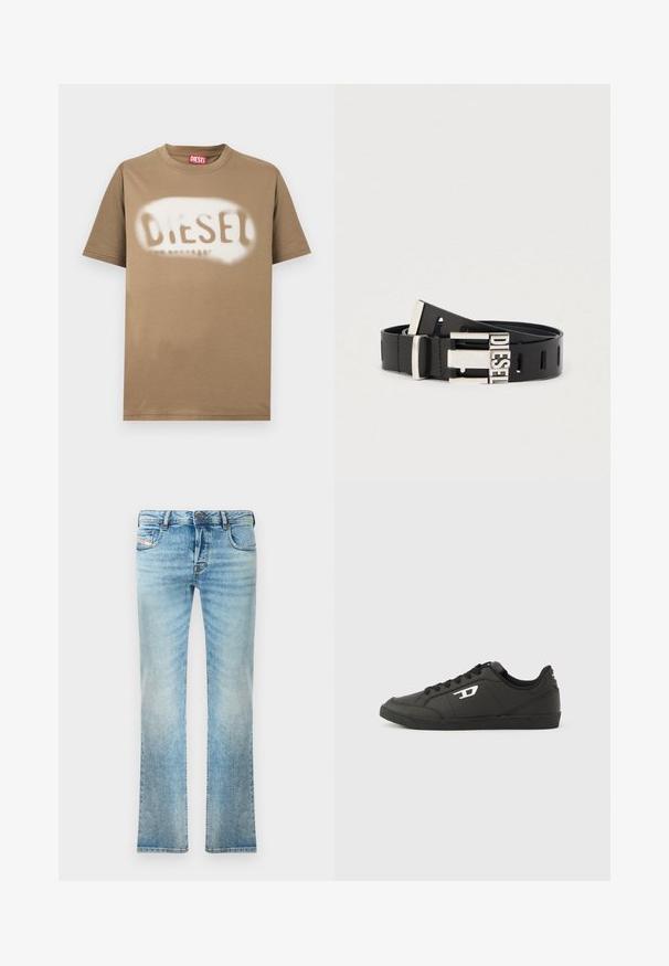 Bruin katoenen t-shirt met een gesprayd "DIESEL" logo in wit. Klassieke ronde hals en korte mouwen met een gladde textuur.; Lichtblauwe denim jeans met een rechte pijp, vijfzakkenontwerp en lichte vervaging. Inclusief metalen knoop en ritsafsluiting.; Zwarte sneakers van synthetisch materiaal met een geribbelde zwarte zool, ronde neus en vlakke zwarte veters. Opvallend wit logomerk aan de buitenzijde.; Zwarte leren riem met zilverkleurige metalen gesp met het woord "DIESEL". De riem heeft meerdere verstelgaten langs de lengte.