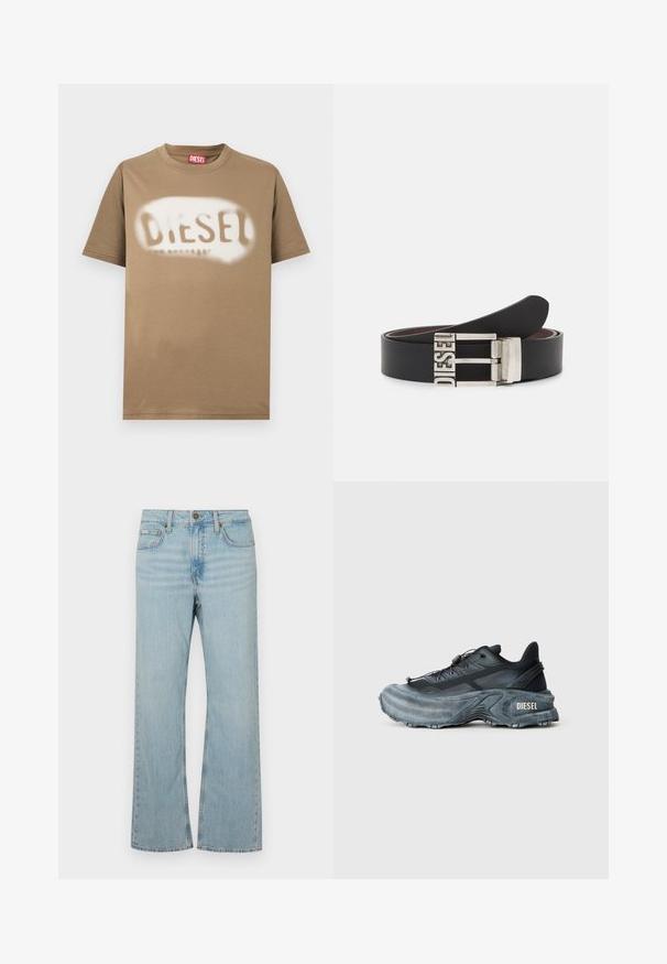 Bruin katoenen t-shirt met een gesprayd "DIESEL" logo in wit. Klassieke ronde hals en korte mouwen met een gladde textuur.; Lichtblauwe denim flare jeans met een middelhoge taille, vijf zakken en contrasterende stiksels. Voorzien van een ritssluiting en metalen knoopsluiting.; Zwarte en grijze Diesel sneakers met dikke zool, vetersluiting en gestructureerd ontwerp op een effen lichtgrijze achtergrond.; Zwarte leren riem met een zilveren metalen gesp waarop de tekst "DIESEL" is gegraveerd. Het ontwerp is slank met een gladde textuur.