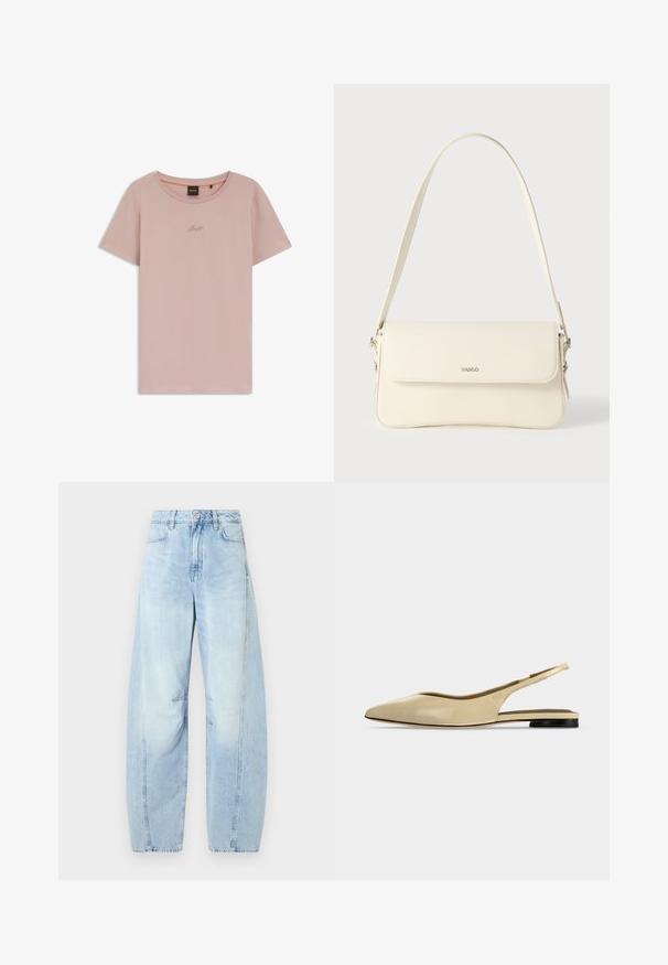 Korte mouwen, licht mauve T-shirt met ronde hals en klein, in het midden van de borst geborduurd 'Boss' logo.; Lichtblauwe denim wijde jeans met een hoge taille, voorzien van een knoopsluiting, voorzakken en subtiele vervaging.; Beige platte slingback schoen met puntige neus, lage zwarte hak en een glad leren afwerking, zijaanzicht op een effen achtergrond.; Schoudertas van crèmegekleurd leer met een klepafsluiting, zilverkleurige hardware, een enkele verstelbare riem en subtiele logodetails.