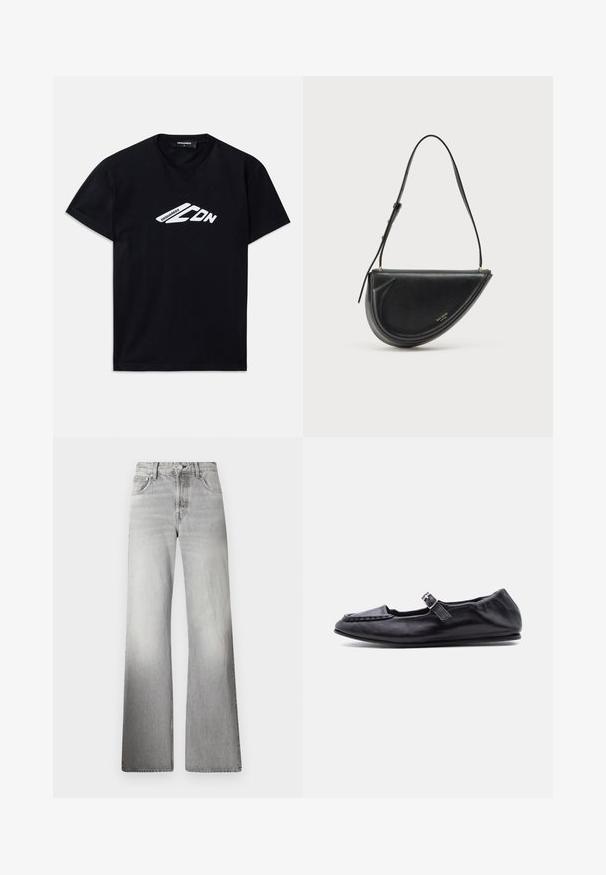 Čierne bavlnené tričko s krátkymi rukávmi a okrúhlym výstrihom. Na prednej strane je biele grafické logo "DSQUARED2 CDN".; Sivé džínsy s širokými nohavicami, vysokým pásom, vyblednutou textúrou, piatimi vreckami a zipsom na zapínanie s gombíkom.; Čierna kožená balerína s malým zapínaním na pracku cez hornú časť a zaoblenou, prešitou špičkou.; Čierna kožená kabelka v tvare polmesiaca, s hladkou textúrou, odnímateľným popruhom a jemným zlatým logom na prednej strane.