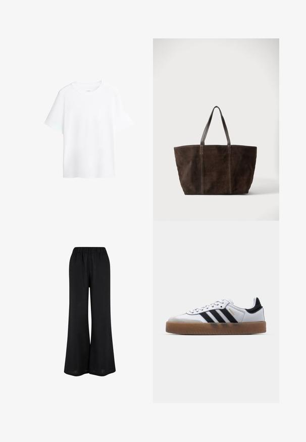 T-shirt blanc uni à manches courtes et col rond, coupe décontractée, présenté sur un fond blanc.; Pantalons larges noirs en tissu léger. Dotés d'une taille élastique et d'un design fluide atteignant le sol.; Baskets en cuir blanc avec des rayures noires, semelle extérieure en caoutchouc beige, bout rond, fermeture lacée et embout en suède gris doux.; Sac cabas en daim brun foncé avec deux poignées en cuir noir et des détails de coutures verticales, présenté sur un fond clair uni.