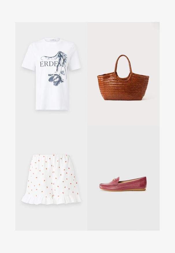 Hvid t-shirt med korte ærmer med teksten "ERDEM" og en detaljeret sort blomstermotiv, der delvist dækker bogstaverne på forsiden.; Hvide shorts med små røde jordbærtryk overalt, bølget kant og elastisk talje for komfort. Fremstillet af letvægtsstof.; Røde læder loafers med struktureret finish, flad sål og en dekorativ guldfinish foran. Rund tå og slip-on design.; Vævet brun tote bag med en bred form, flet-håndtag og en struktureret overflade. Har en rund top og et åbent indre.