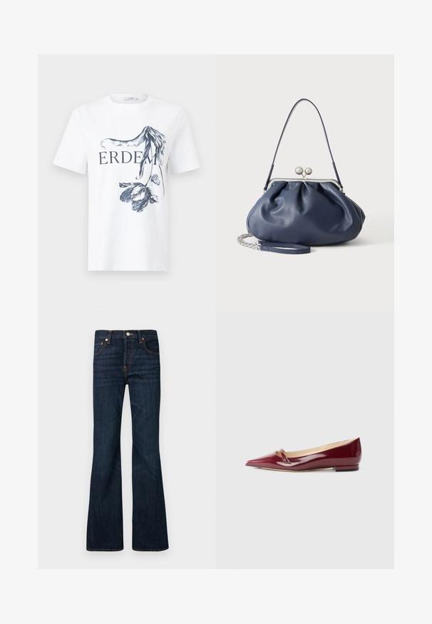 Λευκό κοντομάνικο t-shirt με το κείμενο "ERDEM" και λεπτομερή μαύρη λουλουδάτη απεικόνιση που καλύπτει μερικώς τα γράμματα στην μπροστινή πλευρά.; Σκούρα μπλε τζιν με ελαφρώς φαρδύ τελείωμα στα πόδια, κουμπί και φερμουάρ στο μπροστινό μέρος, πέντε τσέπες και εμφανείς πορτοκαλί ραφές.; Μπορντό παπούτσια από πατεντε leather με μυτερή μύτη, που διαθέτουν μια μικρή λεπτομέρεια πριονισμού και χαμηλό τακούνι. Λείο υλικό και κομψό σχέδιο.; Μαλακή τσάντα από δέρμα σε ναυτικό μπλε χρώμα με ασημένιο κλείσιμο, έναν ιμάντα ώμου και αποσπώμενο αλυσίδα για τον καρπό σε λευκό φόντο.