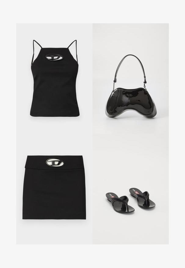 Sort ærmeløs top med tynde stropper, der har en udskåret oval detalje ved brystet. Lavet af glat, strækbart stof.; Sort miniskirt med en flad talje. Har en fremtrædende metallisk logo-buckle foran. Lavet af glat stof uden synlige mønstre.; Melissa QUANTUM THONG X DIESEL - Sandaler m/ tåsplit - black; Sort patentlæder håndtaske med en unik buet form, kort justerbar hank og en lynlåslukning i toppen. Glat tekstur med diskret branding.