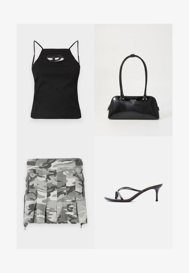 Sort ærmeløs top med tynde stropper, der har en udskåret oval detalje ved brystet. Lavet af glat, strækbart stof.; Camouflage-mønstret nederdel i nuancer af grå og sort, med plisseringer, to sidelommer og en lynlåslukning ved kanten.; Sort laklædersandal med hæl, tynde krydsede remme og en slank mellemhøj stilethæl på en hvid baggrund.; Sort glanshandtaske med en buet silhuet, to håndtag og en frontlogo-plakette. Lynlås lukning og skinnende hardware-detaljer.