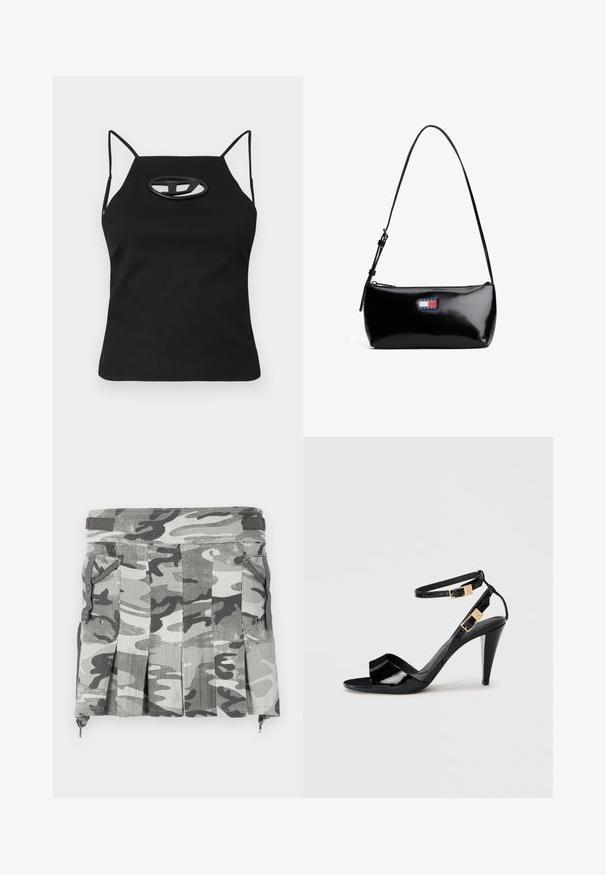 Sort ærmeløs top med tynde stropper, der har en udskåret oval detalje ved brystet. Lavet af glat, strækbart stof.; Camouflage-mønstret nederdel i nuancer af grå og sort, med plisseringer, to sidelommer og en lynlåslukning ved kanten.; Sorte patentlæder højhælede sandaler med dobbelte ankelremme og guldspænder, åben tå og slank taperet hæl på neutral baggrund.; Sort patenteret læder skuldertaske med en buet rem, lynlåslukning og et rektangulært logo patch i rød, hvid og blå.