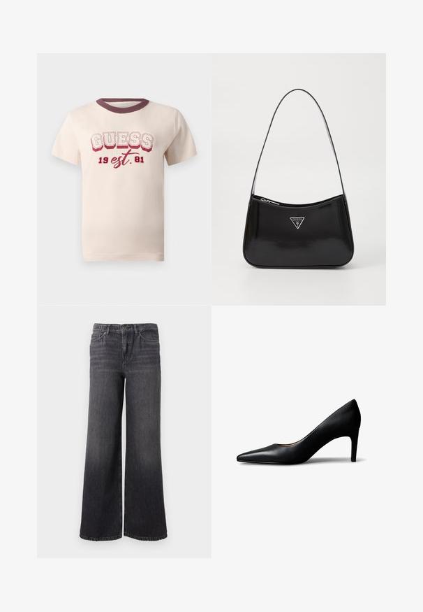 Cremefarvet bomulds T-shirt med korte ærmer, med en maroon ribbet rund hals og grafiktryk: "GUESS 19 est. 81" i rød og sort.; Bredde ben mørkegrå denimjeans med en subtil falmning, der har knaplukning, fem lommer og en lige kant ved anklen.; Sort damesko i læder med spids snude og mellemhøj hæl, vist fra siden på en hvid baggrund.; Sort patenteret læder skuldertaske med en buet form, prydet med et sølvfarvet trekantet logo og en lynlås-lukning. Glat tekstur og slank rem.