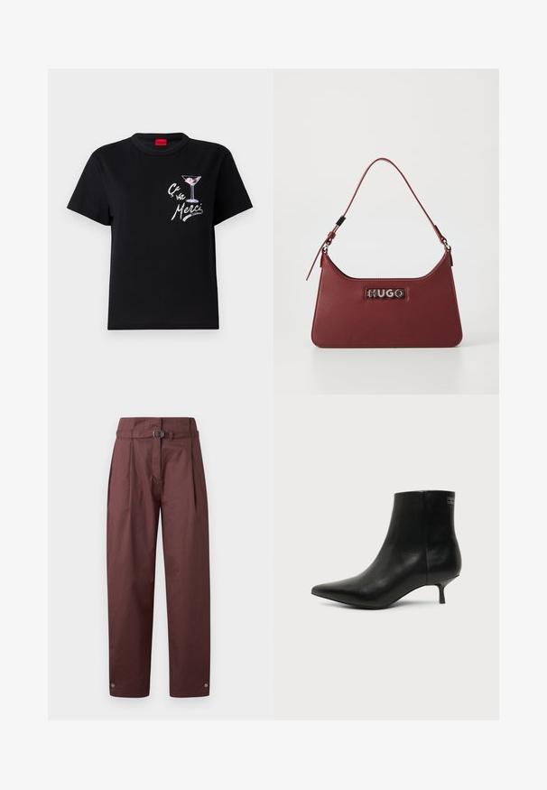 Camiseta de algodón negra con mangas cortas, que presenta un gráfico en blanco y rosa de una copa de martini y el texto "Ça va Merci" en una fuente divertida.; Pantalones de pierna ancha color burdeos hechos de algodón, con un cinturón en la cintura, frente plisado y snaps en los puños del tobillo. Textura suave, diseño minimalista.; Botín de piel negra con puntera puntiaguda y tacón bajo estilo kitten sobre fondo claro, mostrando vista lateral exterior.; Pequeño bolso rectangular de cuero burdeos con correa ajustable y placa de logotipo plateada "HUGO" en la parte frontal.