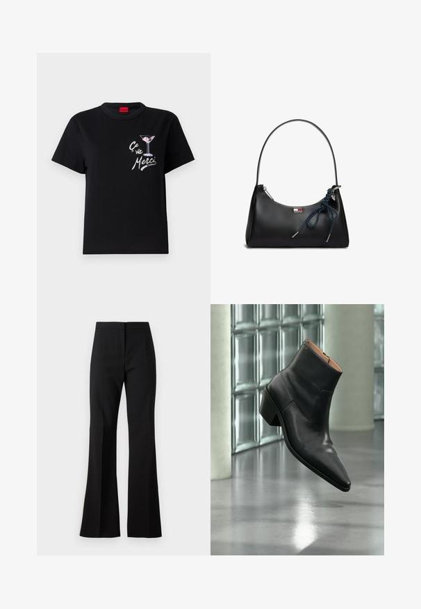 Camiseta de algodón negra con mangas cortas, que presenta un gráfico en blanco y rosa de una copa de martini y el texto "Ça va Merci" en una fuente divertida.; Pantalones de campana negros hechos de una tela suave, con cintura alta, pliegues delanteros y un acabado limpio en los bajos.; Botín de piel negra con puntera puntiaguda y tacón cuadrado que levita sobre un suelo gris reflectante cerca de una pared de bloques de cristal.; Bolso de cuero negro con una sola correa, cremallera plateada, cuerda azul atada en un lazo y un pequeño logo rectangular en el frente.