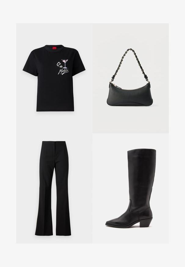 Camiseta de algodón negra con mangas cortas, que presenta un gráfico en blanco y rosa de una copa de martini y el texto "Ça va Merci" en una fuente divertida.; Pantalones de campana negros hechos de una tela suave, con cintura alta, pliegues delanteros y un acabado limpio en los bajos.; Bota de cuero negra hasta la mitad de la pantorrilla con puntera puntiaguda y tacón bajo inclinado sobre un fondo claro y liso.; Bolso de hombro de cuero negro con forma rectangular curvada, cadena dorada entrelazada en una correa negra trenzada y cierre superior con cremallera.