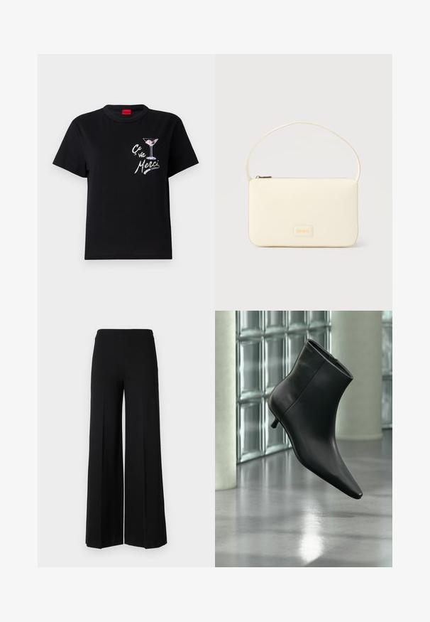Camiseta de algodón negra con mangas cortas, que presenta un gráfico en blanco y rosa de una copa de martini y el texto "Ça va Merci" en una fuente divertida.; Pantalones de pierna ancha negros con una textura suave, que presentan una cinturilla alta y sin cierres visibles. Diseño simple y limpio.; Botín negro de cuero con punta puntiaguda y tacón bajo estilo kitten, mostrado en ángulo sobre un suelo pulido y con una pared de bloques de vidrio de fondo.; Bolso rectangular color crema con una sola correa y cremallera superior, con una pequeña placa de logotipo en relieve en el frente.