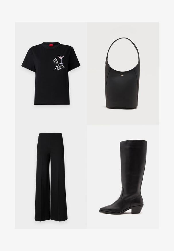Camiseta de algodón negra con mangas cortas, que presenta un gráfico en blanco y rosa de una copa de martini y el texto "Ça va Merci" en una fuente divertida.; Pantalones de pierna ancha negros con una textura suave, que presentan una cinturilla alta y sin cierres visibles. Diseño simple y limpio.; Bota de cuero negra hasta la mitad de la pantorrilla con puntera puntiaguda y tacón bajo inclinado sobre un fondo claro y liso.; Bolso de cuero negro tipo saco con una sola correa para el hombro y pequeño logo dorado de BOSS centrado cerca de la parte superior frontal.