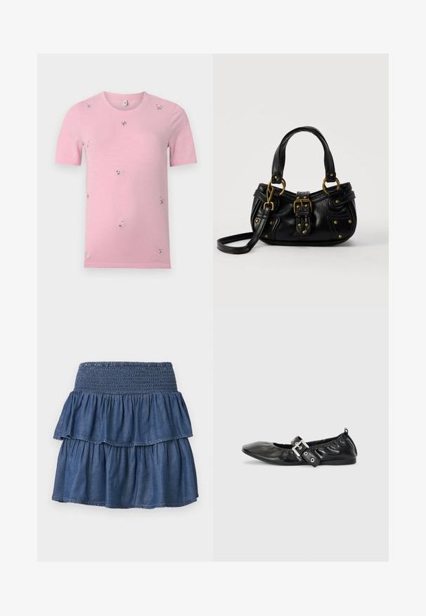 T-shirt rose à manches courtes avec petits motifs floraux brodés éparpillés de différentes couleurs, col rond, fond uni.; Jupe en jean bleue à volants avec une large ceinture smockée et deux couches froncées sur un fond uni.; Chaussure plate en cuir noir avec un nez pointu, des détails froncés autour de l'ouverture et un accent en boucle argentée sur la bride ajustable.; Sac à main en cuir noir avec boucle dorée et détails à rivets, poignées courtes et bandoulière réglable sur fond blanc uni.
