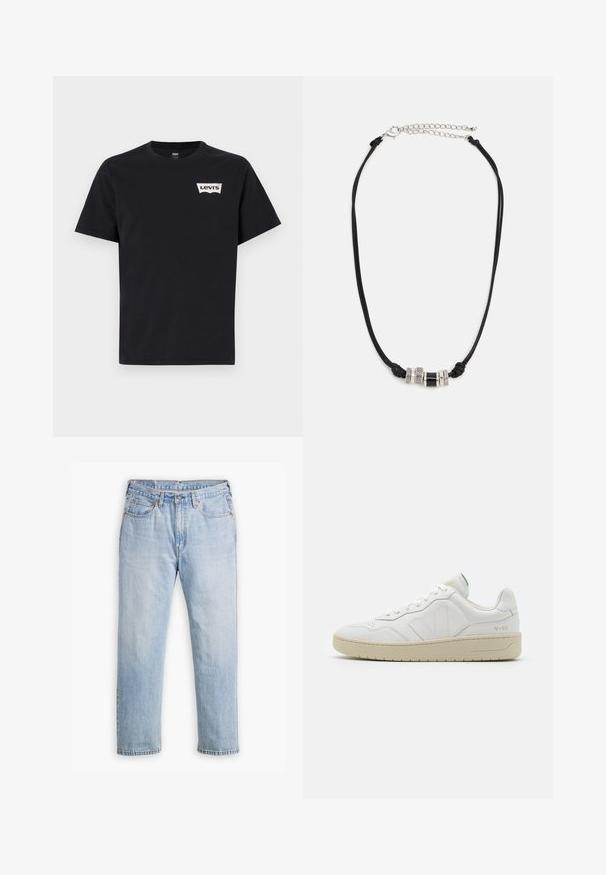 Schwarzes Baumwoll-T-Shirt mit kurzen Ärmeln, Rundhalsausschnitt und einem kleinen weißen Levi's-Logo auf der linken Vorderseite.; Helle blaue Denim-Jeans mit geradem Bein, im Fünf-Taschen-Stil und kontrastierenden Nähten. Knopf- und Reißverschluss an der Taille.; Weiße Leder-Sneaker mit strukturierter Oberfläche und gepolstertem Kragen. Sie verfügen über eine beigen Gummisohle und dezente Markenkennzeichnung an der Ferse und an der Seite.; Schwarzes Schnur-Halsband mit drei dekorativen Metallperlen, darunter zwei silberne, strukturierte Ringe und eine schwarze zylindrische Perle, mit einer verstellbaren Kette.