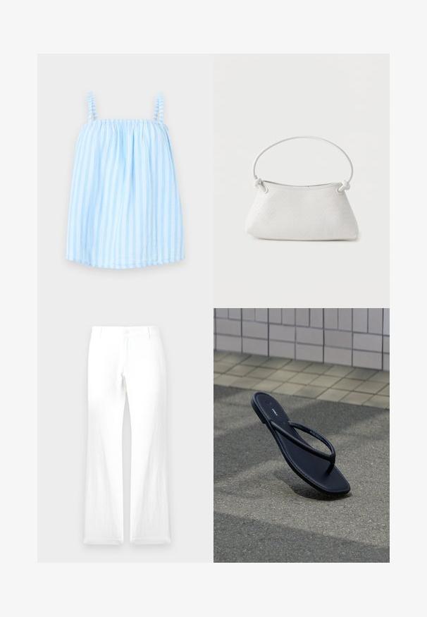 Top sin mangas azul claro con rayas verticales blancas y escote elástico fruncido.; Pantalones de lino blancos con pierna recta, cierre de botón y sin patrones visibles. Textura suave y diseño minimalista.; Una chancla negra individual descansando sobre un pavimento gris texturizado junto a una pared beige con azulejos al aire libre.; Bolso de mano de cuero blanco tejido con asa redondeada y extremos de la correa anudados, exhibido sobre un fondo liso.