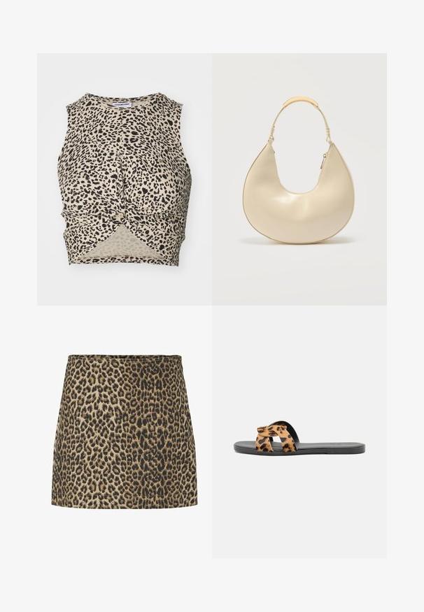 Bjørneprint cropped tank top i beige med sorte pletter, med et snoet frontdetalje og glat, letvægtsstof.; Mini nederdel i leopardmønster i beige og sort, lavet af blødt stof med en glat tekstur og en lige pasform, med en enkel taljeelastik.; Sandale i leopardprint med krydsremdesign, sort sål, glat tekstur og blødt materiale, ideel til afslappet brug.; Kremfarvet håndtaske i halvmåneform med kort håndtag, der har en metaldetalje i guldton og lynlåslukning på siden.