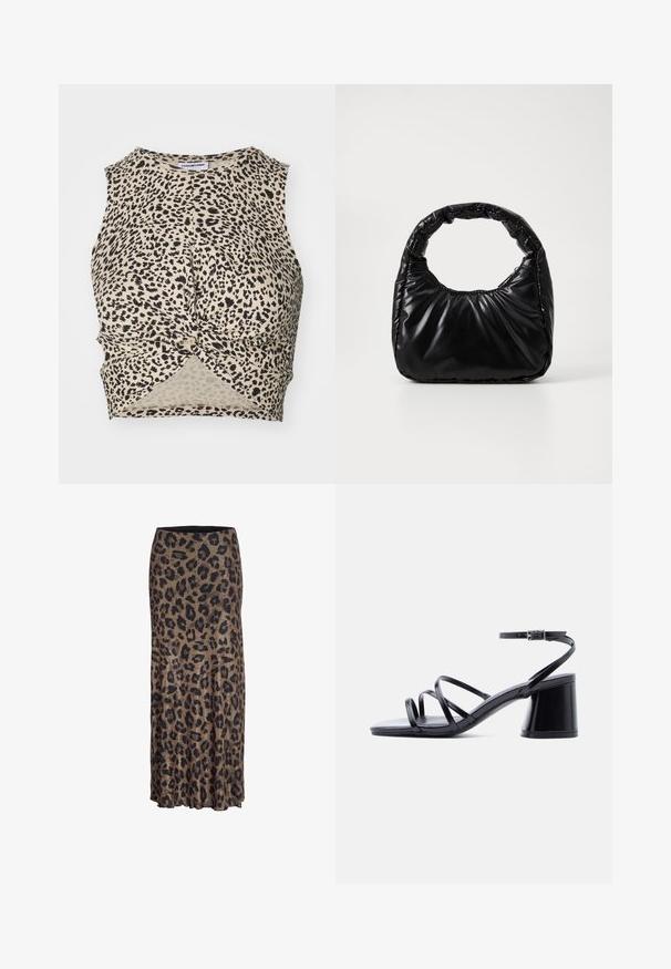 Top corto de tirantes con estampado de leopardo en beige y manchas negras, que presenta un detalle de frente retorcido y una tela suave y ligera.; Falda de estampado de leopardo en marrón y negro, con un diseño fluido y un sutil dobladillo con volantes, confeccionada en una tela ligera y suave.; Sandalia de mujer negra con tacón grueso, tres tiras finas sobre los dedos y correa en el tobillo con hebilla plateada sobre fondo blanco.; Bolso negro acolchado con un asa redondeada, que presenta una superficie lisa y brillante y una textura suave y acolchada. Sin herrajes ni acentos visibles.