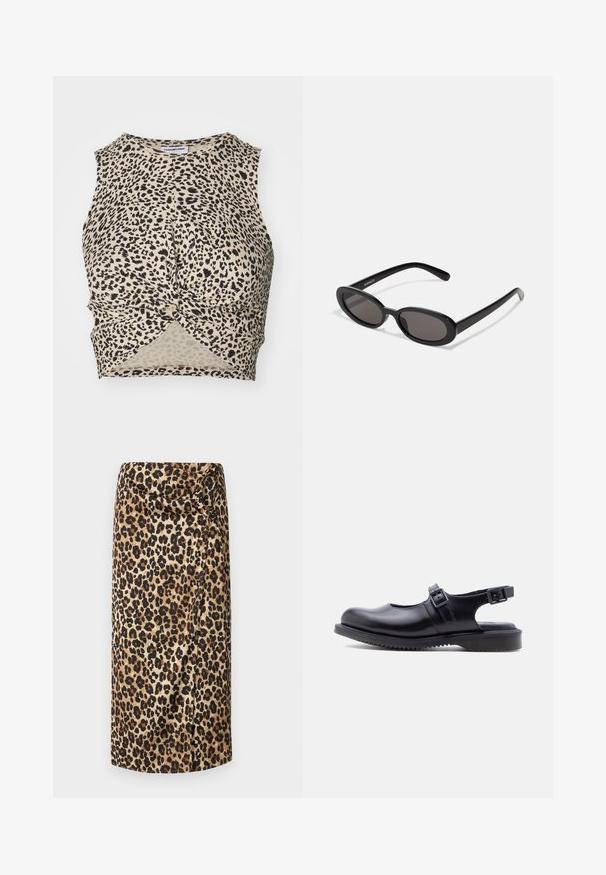 Bjørneprint cropped tank top i beige med sorte pletter, med et snoet frontdetalje og glat, letvægtsstof.; Leopardprint midi-nederdel, silkeagtig tekstur, neutral beige bund med sorte og brune pletter, draperet design med en snoet detalje ved taljen.; Sort læder Mary Jane-stil sko med to justerbare spænde-remme og en tyk, rillet gummisål.; Even&Odd by Zalando Solbriller - black