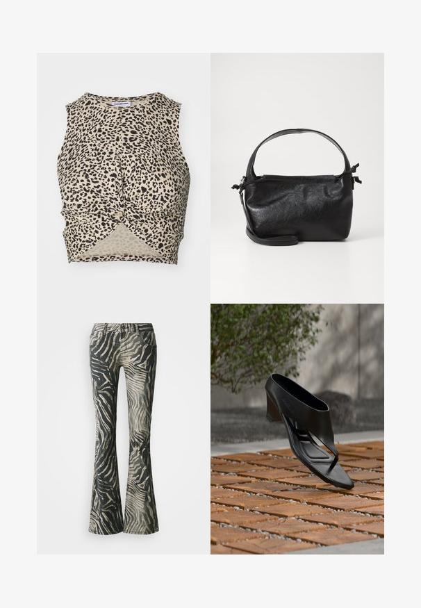 Bjørneprint cropped tank top i beige med sorte pletter, med et snoet frontdetalje og glat, letvægtsstof.; Bredde jeans i et sort og beige zebra mønster, fremstillet af denim materiale, med fem-lomme design og synlige syninger.; Sort højhælet sandal med thongsrem, svævende over et mønstret træ- og grusbelagt udendørsareal med sløret grønt område og væg i baggrunden.; Sort læderhåndtaske med et struktureret design, rund tophåndtag og aftagelig skulderrem. Den har en glat tekstur og en subtil glans.