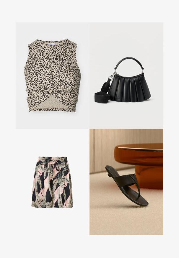 Kuroppattu tanktoppi leopardi-kuosisena beige-värissä mustilla täplillä, jolla on kierretty etuosa ja sileä, kevyt kangas.; Hame floral print dengan latar belakang hitam, pinggang elastis, detail tali serut, dan tekstur ringan serta halus.; Musta nahkainen remmisandaali matalalla korolla kellumassa beigen maton yllä pyöreän ruskean pöydän vieressä minimalistisessa sisätilassa.; Musta laskostettu nahkalaukku, jossa lyhyt kahva ja irrotettava leveä kangasolkaimen hihna valkoisella taustalla.