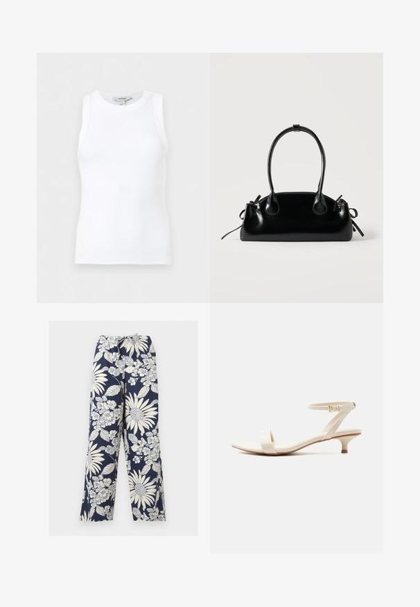 Débardeur blanc côtelé sans manches avec encolure ronde, coupe ajustée et petite étiquette de marque à l’intérieur du col.; Pantalon large bleu marine avec motifs floraux et feuillages blancs et taille élastique avec cordon.; Sandale beige à talon bas avec une bride unique pour les orteils et une bride de cheville ajustable ornée d'une petite boucle en or, sur fond blanc.; Petit sac à main noir brillant avec deux longues anses et des détails à cordon sur les côtés sur un fond clair uni.