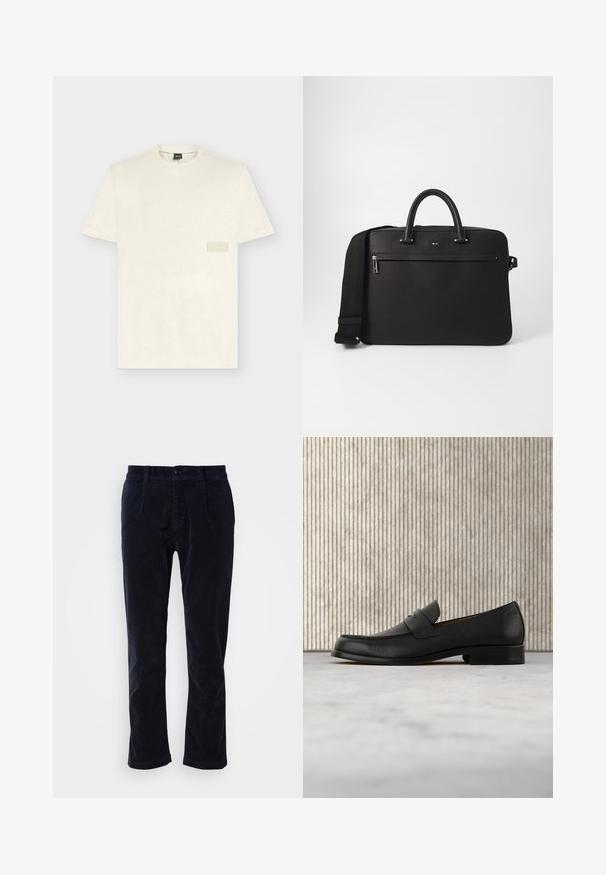 Off-white T-shirt met korte mouwen en een ronde hals, met een subtiel rechthoekig patch op de borst en een merklabel in de nek.; Marineblauwe corduroy broeken met een platte voorkant, twee zijzakken en een enkele knoopsluiting. Zacht van textuur, licht toelopende pijpen.; Zwarte leren loafer zweeft boven een beige tapijt met op de achtergrond een glanzende, ronde, bruine tafel.; Zwarte leren tas met een soepele textuur, dubbele handvatten aan de bovenkant en een afneembare schouderband. Beschikt over een ritsvak aan de voorkant en logo-detail.