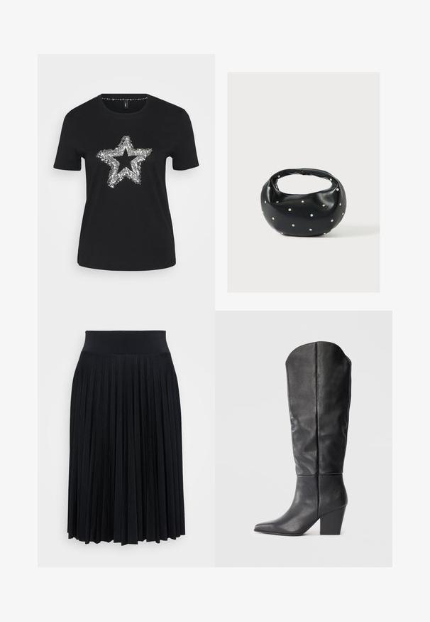 Schwarzes T-Shirt aus Baumwolle mit einem silbernen Paillettenstern-Design auf der Vorderseite. Kurze Ärmel und runder Ausschnitt.; Schwarzer, plissierter Rock mit einem breiten Bund, gefertigt aus einem weichen Material. Verfügt über vertikale Falten für zusätzliche Textur und Bewegungsfreiheit.; Schwarze kniehohe Stiefel aus Leder mit spitzem Zeh und blockigem Absatz. Das Design zeichnet sich durch eine glatte Textur und minimalistische Linien aus.; Schwarze Lederhandtasche mit abgerundeter Form, verziert mit silbernen Nietenakzenten und kurzem Griff. Glatte Struktur und Reißverschlussverschluss.