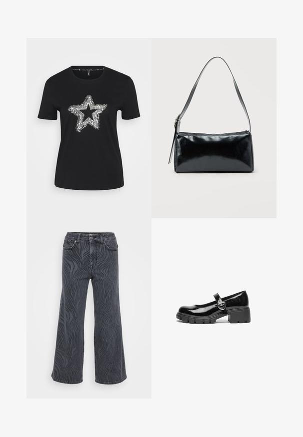 Schwarzes T-Shirt aus Baumwolle mit einem silbernen Paillettenstern-Design auf der Vorderseite. Kurze Ärmel und runder Ausschnitt.; Weite Jeans aus dunkelgrauem Denim mit einem Zebramuster. Klassisches Fünf-Taschen-Design mit Knopf- und Reißverschluss.; Schwarzer lackleder Mary Jane Schuh mit einem klobigen Absatz, runder Spitzenform und einem Riemen mit einer herzförmigen Schnalle.; Schwarze rechteckige Schultertasche mit einem verstellbaren Riemen und einem oberen Reißverschluss vor einfachem Hintergrund.