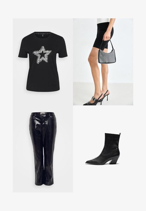 Camiseta negra de algodón con un diseño de estrella de lentejuelas plateadas en el frente. Mangas cortas y escote redondo.; Pantalones de cuero sintético negro con textura de cocodrilo, que presentan un diseño de pierna recta y cierre frontal con botón.; Botas negras de cuero hasta el tobillo con punta alargada, detalles decorativos de tachuelas y tacón robusto. Textura suave con un diseño elegante y estilizado.; Bolso de cuentas negras con una silueta curva, asa de transporte y textura brillante. Llevado con zapatos de tacón altos negros y pantalones cortos negros ajustados.