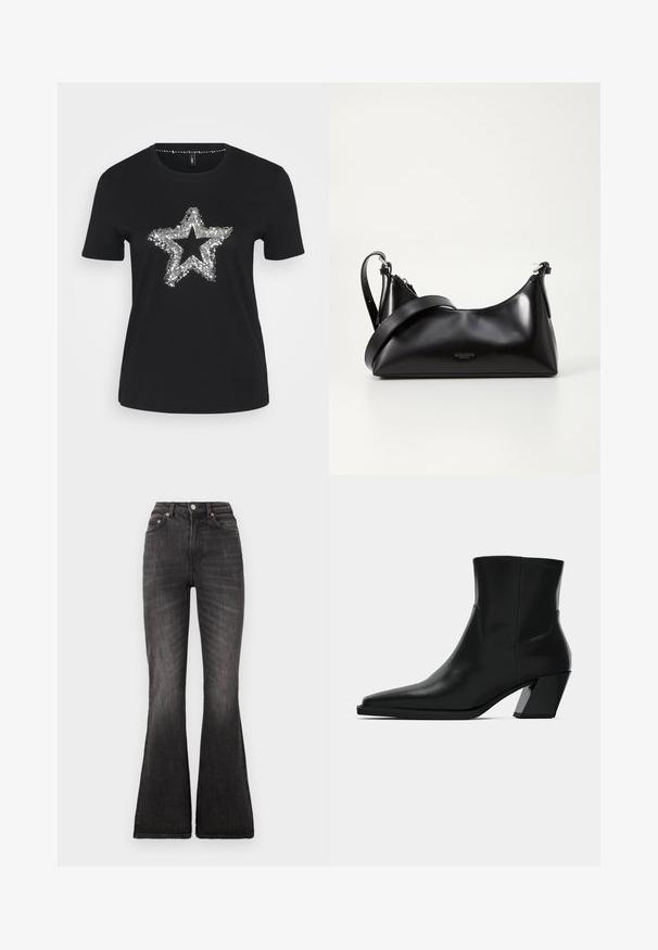 T-shirt noir en coton avec un design d'étoile en sequins argentés sur le devant. Manches courtes et col rond.; Jean évasés noirs à taille haute, avec fermeture à bouton en métal, design à cinq poches et décoloration subtile le long de la texture du tissu.; Bottine en cuir noir avec un bout pointu, une silhouette élégante et un talon carré massif. Texture lisse avec des détails de couture minimalistes.; Sac à main en cuir noir avec une texture lisse. Dispose d'une bandoulière adjustable et d'un design élégant et minimaliste avec une fermeture éclair.
