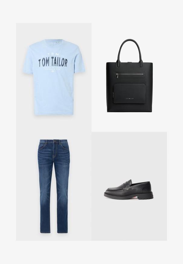 Lyseblå bomulds t-shirt med rund halsudskæring og korte ærmer. Den har kraftig sort trykt tekst: "TOM TAILOR" samt yderligere brandingdetaljer.; Mørkeblå denimjeans med en klassisk lige pasform, fem-lomme design og let falmede detaljer på benene. Har knap- og lynlåslukning.; Sorte læder loafers med en rund tå, en hævet søm og en tyk gummisål. Enkel design med minimal branding på siden.; Sort rektangulær tote-taske med to håndtag, med en toplynlåslomme og en frontlynlåslomme med diskret mærkelogo.