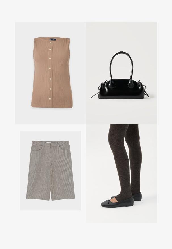 Débardeur sans manches, côtelé, brun clair, avec encolure ronde et fermeture sur le devant par sept petits boutons blancs, présenté sur un fond uni.; Shorts à rayures verticales beige et noires longueur genou, avec passants de ceinture et poches avant, posés à plat sur fond blanc.; Jambes portant des leggings côtelés foncés associés à des ballerines noires avec de petits détails en nœud sur fond blanc.; Petit sac à main noir brillant avec deux longues anses et des détails à cordon sur les côtés sur un fond clair uni.