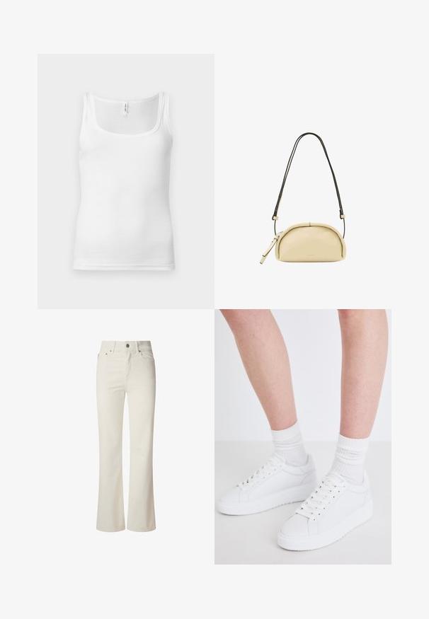 Hvid bomuldstanktop med rund halsudskæring, smalle skulderstropper og tætsiddende design. Glat tekstur og minimalistisk stil.; Hvide flagrende jeans lavet af denim. Har en høj talje, fem lommer og metallisk knaplukning. Glat tekstur uden synlige mønstre.; Copenhagen Studios CPH72 - Sneakers - white; Beige buet håndtaske med en sort justerbar skulderrem og en lynlås med dobbelte trækflipper på venstre side.
