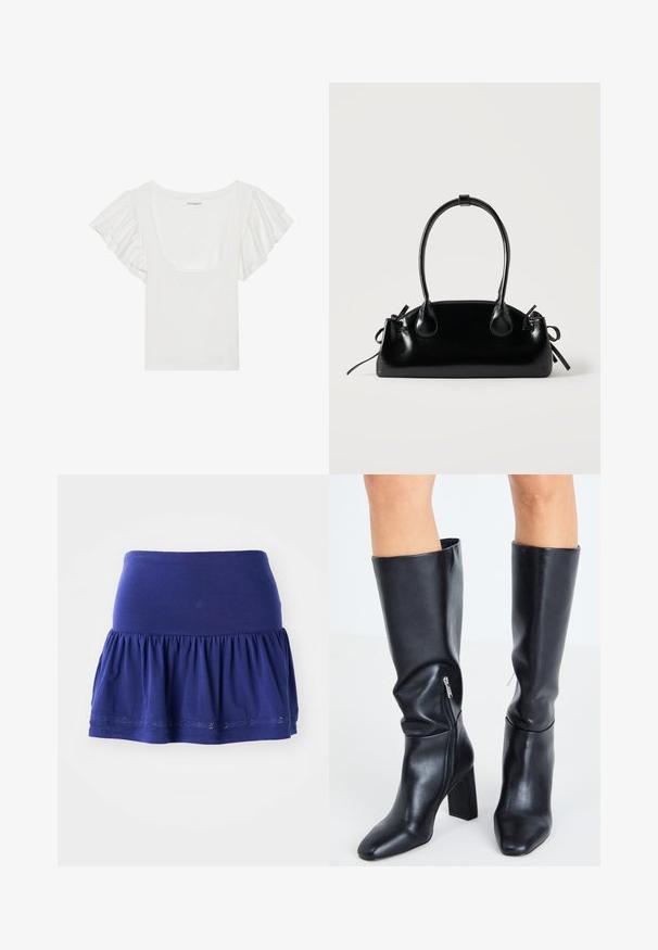Haut blanc avec des manches courtes à volants et une encolure dégagée. Fabriqué en tissu doux et extensible, mettant en valeur une silhouette ajustée.; Jupe en jersey bleu marine avec un bas froncé, une ceinture élastique et une bordure décorative brodée le long de l'ourlet. Tissu doux et léger.; Steve Madden SPEEDWAY - Bottes - black; Petit sac à main noir brillant avec deux longues anses et des détails à cordon sur les côtés sur un fond clair uni.