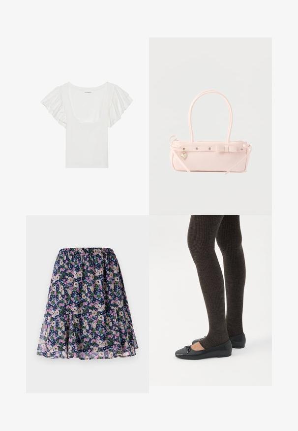 Hvid topp med korte, voluminøse ærmer og en bred rund halsudskæring. Fremstillet af blødt, strækbart stof, med en tætsiddende silhuet.; Blomsterkjole med elastisk talje. Har en mørk navy baggrund med pink, hvide og grønne blomstermønstre. Let og svalende stof.; Ben iført mørke ribbede leggings kombineret med sorte balletsko med små sløjfedetaljer på hvid baggrund.; Lyserød rektangulær håndtaske med dobbelte håndtag, dekorativ sløjfe, metalnitter og lille hjerteformet vedhæng på en ensfarvet baggrund.