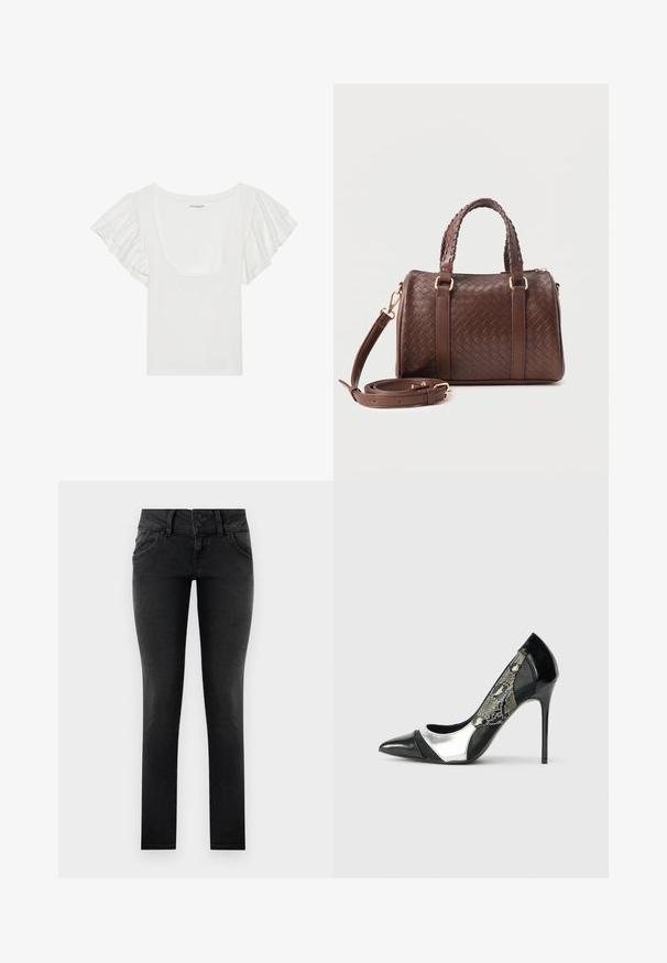 Weißes Oberteil mit kurzen, gerafften Ärmeln und weitem Rundhalsausschnitt. Aus weichem, dehnbarem Stoff gefertigt, mit einer körperbetonten Silhouette.; Schwarze, enge Jeans aus Denim mit einem Zwei-Knopf-Bund, Fronttaschen und einer glatten, strukturierten Oberfläche. Standardpassform, durchgehendes Design.; Schwarzer und silberner High-Heel-Pumps mit einer spitzen Zehenpartie, ausgestattet mit einem Mesh-Seitenpaneel im Schlangenleder-Muster und einem eleganten Stiletto-Absatz.; Dunkelbraune, gewebte Ledertasche mit zwei geflochtenen Henkel, goldfarbenen Beschlägen und abnehmbarem Schulterriemen, vor der Tasche aufgerollt.