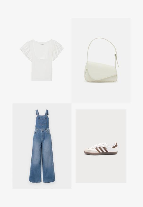 Weißes Oberteil mit kurzen, gerafften Ärmeln und weitem Rundhalsausschnitt. Aus weichem, dehnbarem Stoff gefertigt, mit einer körperbetonten Silhouette.; Denim-Latzhose in Hellblau mit weitem Bein, verstellbaren Trägern, einer vorderen Tasche und silberner Hardware. Der Stoff weist eine feine Textur auf.; Weißer Adidas Samba Sneaker mit braunen Wildlederstreifen, braunem Fersenflicken, beiger Zehenkappe und durchsichtiger Gummisohle, von der Seite gezeigt.; Weiße Kunstleder-Handtasche mit einer strukturierten dreieckigen Form, einem verstellbaren Einzelgurt und einem Klappenverschluss mit geschwungenen Akzenten.