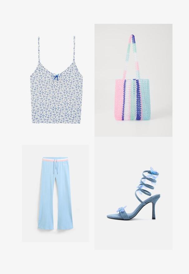 Blomstret camisole med hvid baggrund, der har små blå blomster, justerbare tynde stropper og en central blå bindedetalje.; Lyseblå, flagrende sweatpants med snor i taljen. Har en pink og hvid stribet accent samt broderet logo. Blød stoftekstur.; Lyseblå højhælede sandaler med spiral ankelsnor og gennemsigtige blå sommerfugledekorationer på tå- og ankelsnore.; Farverig tote bag lavet af gennemsigtige perler. Har striber i pink, grøn, blå og hvid. To robuste perle-håndtag.