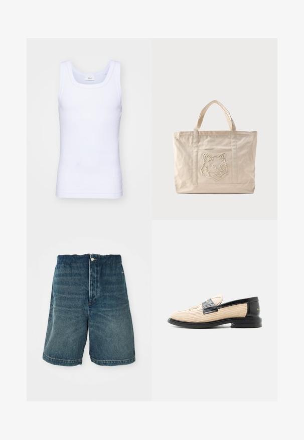 Débardeur sans manches en coton blanc avec un col rond, présentant une texture lisse et une coupe ajustée, conçu pour un usage décontracté.; Shorts en denim bleu foncé avec une coupe ample, dotés d'une fermeture à bouton et de coutures visibles le long de l'ourlet et des poches.; Mocassin tissé beige avec bordure en cuir noir, bout arrondi, semelle noire et motif décoratif cousu sur la partie supérieure.; Sac fourre-tout en toile beige avec doubles anses et un motif en relief de tête de loup sur la poche avant.