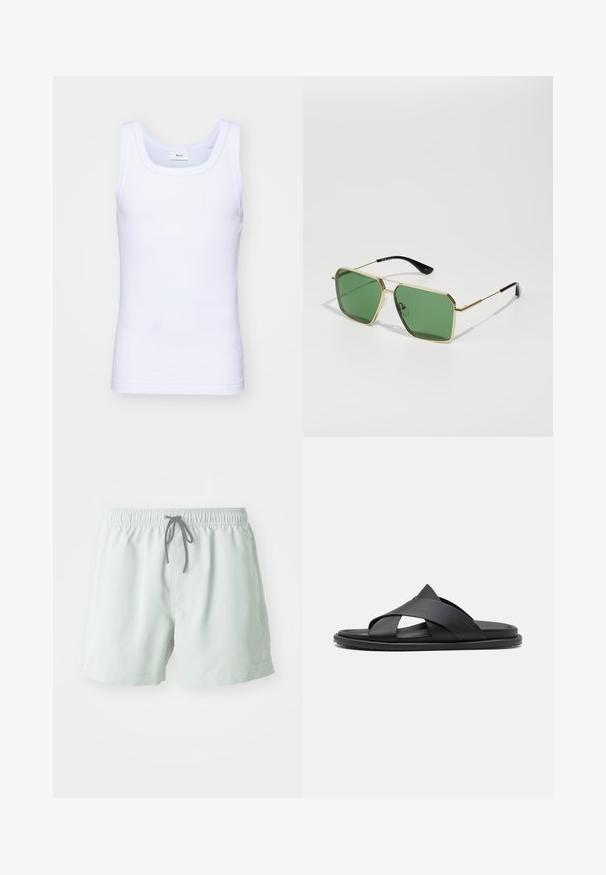 Witte katoenen mouwloze tanktop met een ronde halslijn, met een gladde textuur en een aansluitende pasvorm, ontworpen voor casual gebruik.; Lichtgroene zwembroek met een elastische tailleband, verstelbaar trekkoord en zijzakken. Gladde textuur, boven de knie lengte.; Stuart Weitzman BERKLEY - Muiltjes - black; Gouden metalen zonnebril met groene lenzen, geometrische vorm en zwarte plastic oorpads. Lichtgewicht constructie met subtiele accenten.