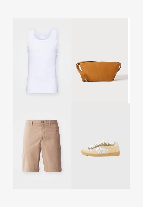 Débardeur sans manches en coton blanc avec un col rond, présentant une texture lisse et une coupe ajustée, conçu pour un usage décontracté.; Shorts en coton beige avec une coupe droite, présentant une fermeture à bouton à l'avant et des passants de ceinture. Texture lisse avec des détails de couture minimalistes.; Baskets basses en daim beige, panneaux en maille blanche, accents olive, lacets blancs et semelle en caoutchouc naturel sur fond gris clair.; Sac bandoulière en cuir marron clair avec sangle réglable et fermeture éclair, présenté sur un fond clair uni.