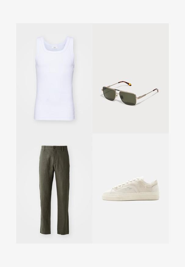 Débardeur sans manches en coton blanc avec un col rond, présentant une texture lisse et une coupe ajustée, conçu pour un usage décontracté.; Pantalons en lin vert olive avec une coupe droite, dotés d'une fermeture à bouton à l'avant et de poches latérales. Le tissu a une apparence texturée.; Baskets basses blanches avec fermeture à lacets, tige en tissu texturé et semelle épaisse en caoutchouc, vues de côté extérieur sur un fond uni.; Lunettes de soleil en métal avec des verres sombres rectangulaires, une fine monture en argent et des embouts de branches en écaille de tortue à motifs. Présente des détails subtils sur les branches.