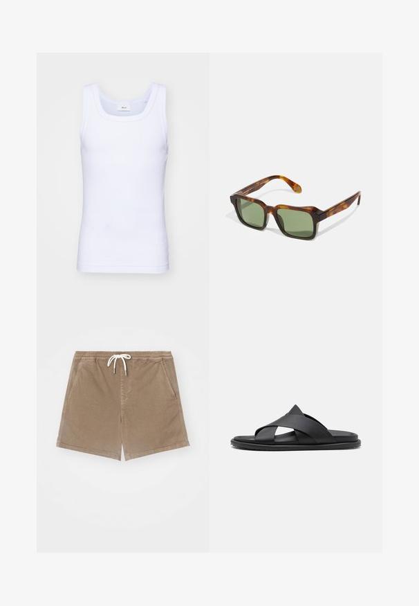 Débardeur sans manches en coton blanc avec un col rond, présentant une texture lisse et une coupe ajustée, conçu pour un usage décontracté.; Shorts en coton marron avec une taille élastique et un cordon de serrage blanc, dotés de deux poches latérales et d'une coupe droite.; Stuart Weitzman BERKLEY - Mules - black; Lunettes de soleil carrées avec une monture en écaille de tortue, des verres verts et des branches épaisses. Présente des coins nets et une texture brillante. Ajustement réglable.