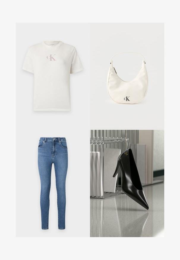 Camiseta blanca de algodón de manga corta con un pequeño logo "CK" en rosa pálido en el pecho y un cuello redondo clásico. Textura suave.; Jeans ajustados de mezclilla azul medio, con una cintura alta, diseño de cinco bolsillos y un sutil detalle de costura en los bolsillos y costuras.; Zapato de tacón alto negro con punta afilada y logo dorado, colocado sobre una superficie reflectante cerca de un organizador de archivos de alambre cromado con documentos.; Pequeño bolso blanco en forma de media luna con correa corta, cierre de cremallera y logo negro "cK" en el frente.